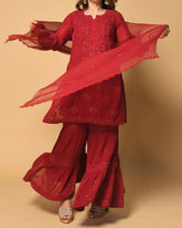 Ready To Wear Red Soft Georgette Chikankari Sharara Kurti With Dupatta