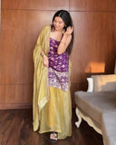 Exclusive Yellow Purple Jacquard Silk Embroidery Palazo Kurti With Dupatta