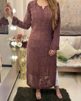 Ready To Wear Brown Soft Georgette Thread Work Pant Suit With Dupatta
