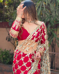Exclusive Red Fendy Silk Mirror Work Saree With Blouse