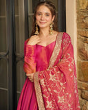 Exclusive Pink Roman Shimmer Silk Embroidery Anarkali Suit With Dupatta