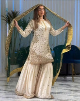 Exclusive White Fendy Silk Embroidery Gharara Suit With Dupatta