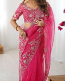 Premium Pink Premium Gold Crush Embroidery Saree With Blouse