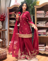 Ready To Wear Maroon Chinon Silk Palazo Kurti With Dupatta