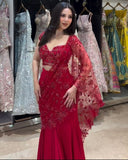 Ready To Wear Crimson Red Soft Butterfly Net Embroidery Lehenga Saree With Blouse