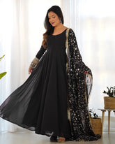 Ready To Wear Black Faux Georgette Sequence Work Anarkali Gown With Dupatta