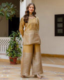Ready To Wear Golden Beige Banarasi Viscos Silk Embroidery Palazo Kurti With Dupatta