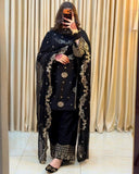 Ready To Wear Black French Crep Silk Embroidery Kurti Farshi Salwar With Dupatta