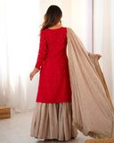 Premium Handcrafted Soft Chinon Silk Coding Embroidery Thread Sharara Suit With Dupatta