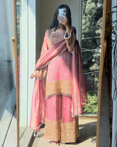Exclusive Pink And Sky Frendy Silk Embroidery Palazo Kurti With Dupatta