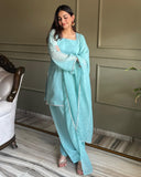Ready To Wear Sky Blue Crunchy Silk Embroidery Farshi Salwar Suit With Dupatta
