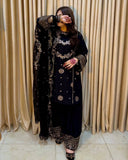 Ready To Wear Black French Crep Silk Embroidery Kurti Farshi Salwar With Dupatta