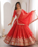 Premium Red Premium Shimmer Silk Embroidery Lehenga Blouse With Dupatta