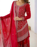 Premium Red And Blue Premium Soft Georgette Embroidery Palazo Kurti With Dupatta