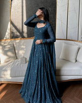 Ready To Wear Deep Teal Blue Soft Georgette Embroidery Gown Pant With Dupatta