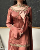 Ready To Wear Rust Brown Natural Crep Silk Palazo Kurti With Dupatta