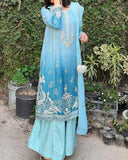 Ready To Wear Sky Blue Chinon Silk Embroidery Kurti Palazo With Dupatta