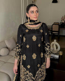 Ready To Wear Black Maslin Cotton Embroidery Sharara Kurti With Dupatta