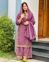 Ready To Wear Purple And Sea Green Crunchy Silk Palazo Kurti With Dupatta