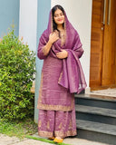 Ready To Wear Purple And Sea Green Crunchy Silk Palazo Kurti With Dupatta