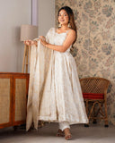 Premium White Banarasi Jacquard Dola Silk Embroidery Anarkali Suit With Dupatta