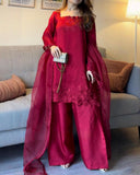 Ready To Wear Deep Wine Red Roman Silk Embroidery Farshi Salwar Kurti With Dupatta