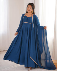 Exclusive Blue Soft Georgette Embroidery Gown Set With Dupatta