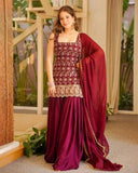 Ready To Wear Red And Green Soft Georgette Embroidery Sharara Kurti With Dupatta