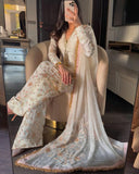 Ready To Wear White Pure Glass Satin Silk Farshi Salwar Suit With Dupatta