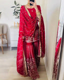 Ready To Wear Red Chinon Silk Sharara Kurti With Dupatta