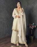 Ready To Wear Purple White Yellow Simmer Silk Kurti Palazo With Dupatta