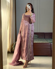 Ready to Wear Premium Dusty Pink Jimmy Silk Suit Set With Embroidery Thread & Hand Work