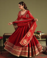 Ready To Wear Crimson Red Chinon Silk Embroidery Gown Pant With Dupatta