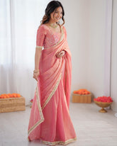 Premium Ready To Wear Peach Grey Simmer Silk Saree With Blouse