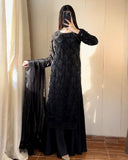 Exclusive Pink Sky Black Soft Net Embroidery Palazo Kurti With Dupatta