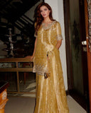 Ready To Wear Mustard Gold Pure Tissue Silk Embroidery Kurti Palazo With Dupatta