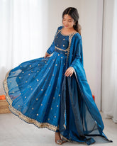 Premium Blue Shimmer Chanderi Silk Anarkali Pant With Dupatta
