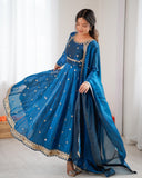 Premium Blue Shimmer Chanderi Silk Anarkali Pant With Dupatta