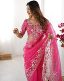 Premium Pink Premium Gold Crush Embroidery Saree With Blouse
