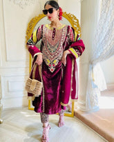Ready To Wear Burgundy Wine Royal Velvet Embroidered Ethnic Dress With Premium Georgette Dupatta