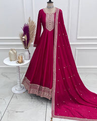 Exclusive Dark Pink Pure Vichitra Silk Anarkali Suit With Dupatta