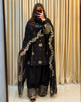 Ready To Wear Black French Crep Silk Embroidery Kurti Farshi Salwar With Dupatta
