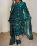 Exclusive Teal Green Simmer Silk Embroidery Kurti Pant With Dupatta