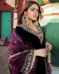 Exclusive Velvet Embroidery Work Pant Suit With Dupatta