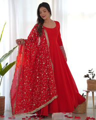 Ready To Wear Red Faux Georgette Sequence Work Anarkali Gown With Dupatta