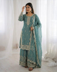 Exclusive Maroon Sea Green Simmer Silk Embroidery Palazo Kurti With Dupatta