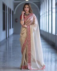 Exclusive Gold Red Soft Net Embroidery Saree With Blouse