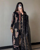 Ready To Wear Black Chinon Silk Embroidery Plazzo Kurti With Dupatta