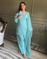 Ready To Wear Sky Blue Crunchy Silk Embroidery Farshi Salwar Suit With Dupatta