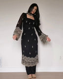 Ready To Wear Black Soft Georgette Embroidery Kurti Pant With Dupatta
